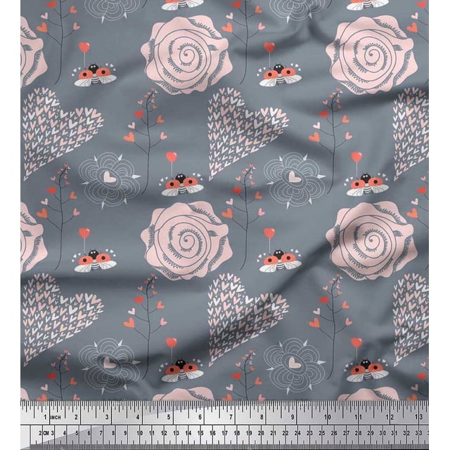 Soimoi Poly Georgette Fabric Heart,Bee & Floral Artistic Printed Craft Fabric by The Yard 52 Inch Wide