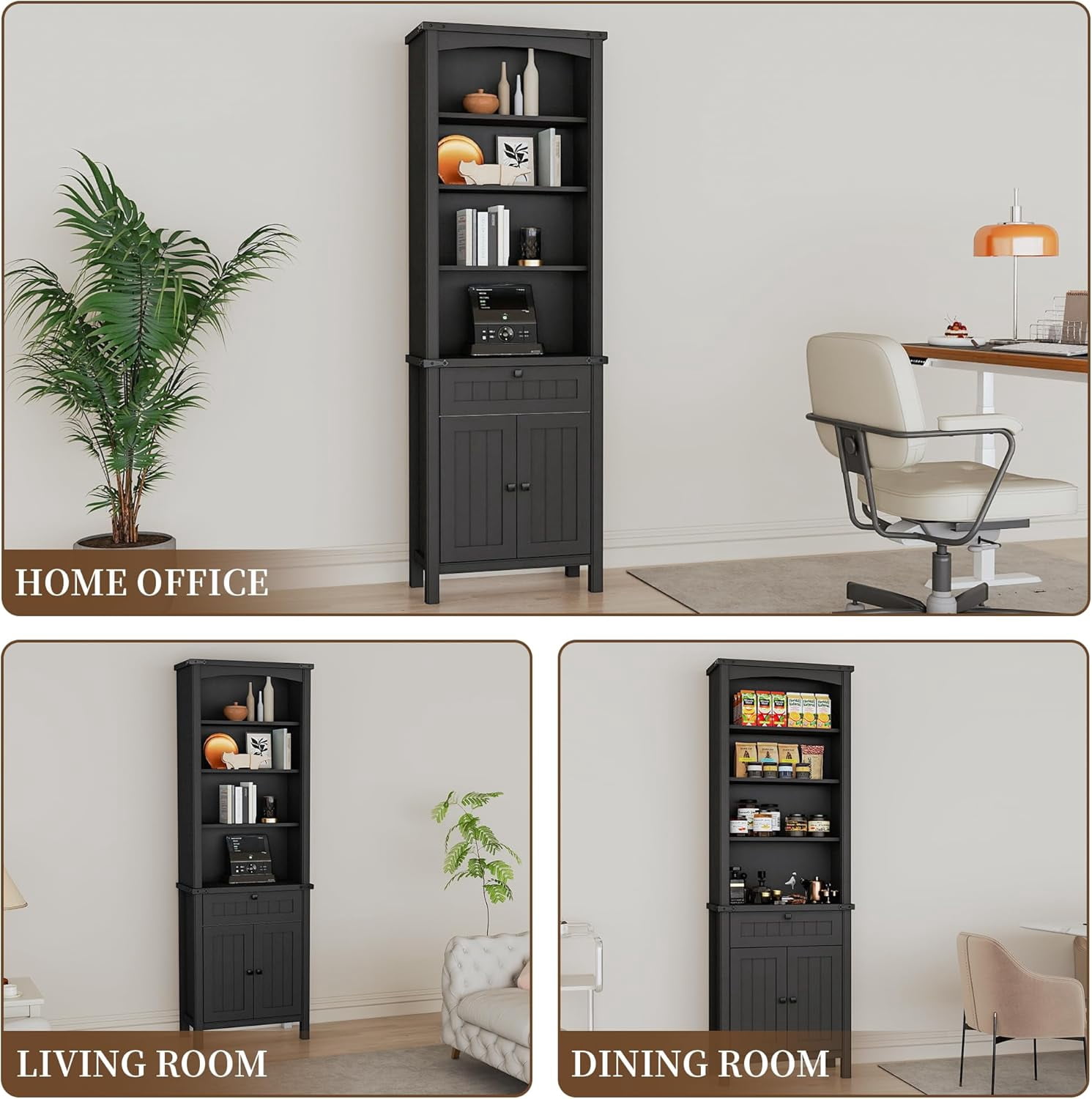 FIAKOA Rustic Bookshelves Set of 2, 71" Tall Wood Bookcase with Adjustable Shelves, 2 Cabinet Doors and Drawers, Farmhouse Display Storage for Living Room or Office(Black)