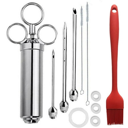 Riapawel Stainless Steel Meat Injector Kit with Needles and Brushes Turkey Baster Seasoning Flavour Food Syringe