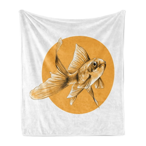 Goldfish Soft Flannel Fleece Blanket, Goldfish Sketchy Graphic on the Background of an Orange Circular Spot, Cozy Plush for Indoor and Outdoor Use, 50" x 70", Orange and Dark Brown, by Ambesonne
