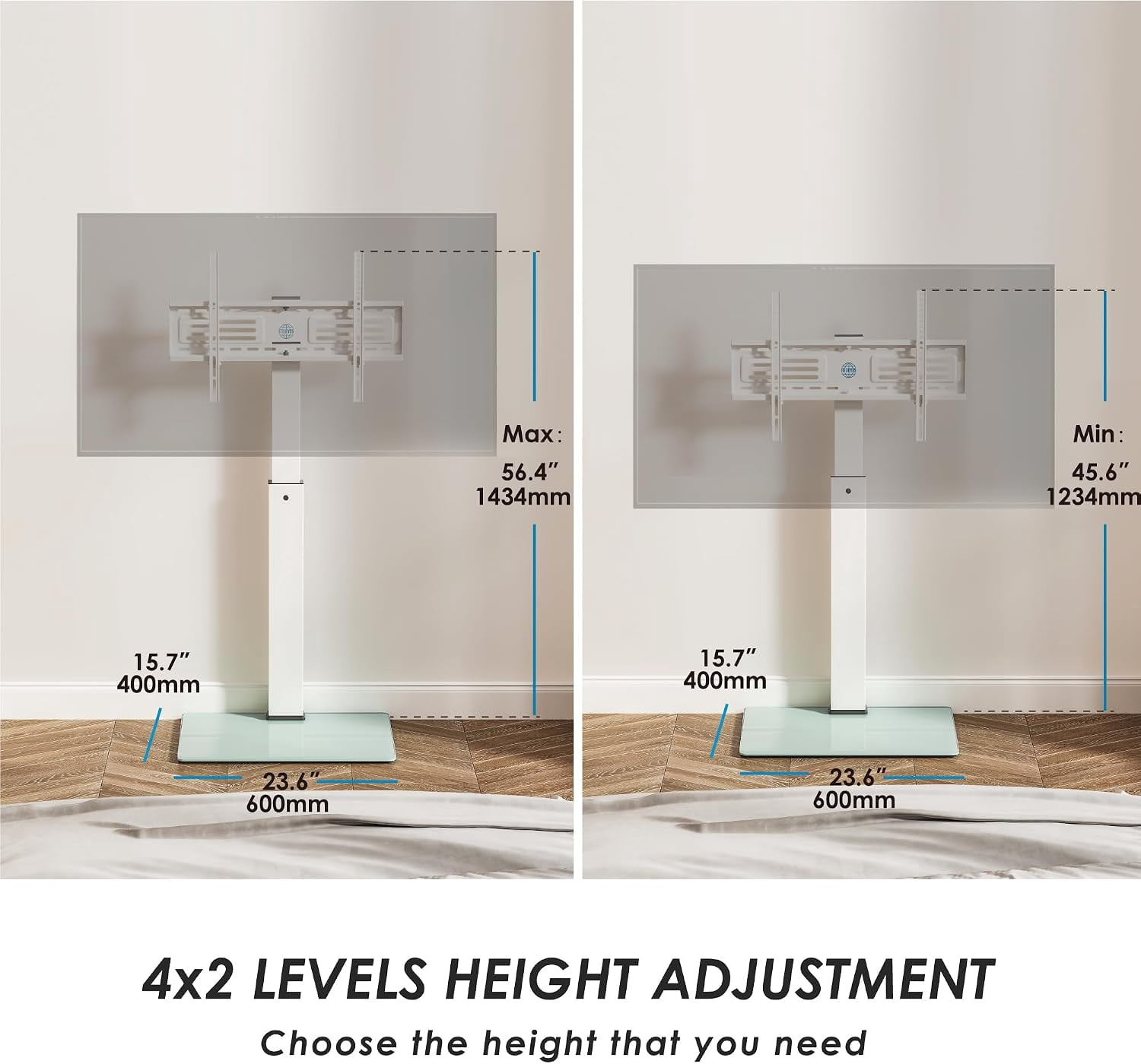 FITUEYES Floor TV Stand for 32–75 Inch TVs, White, Swivel Mount, Tempered Glass Base