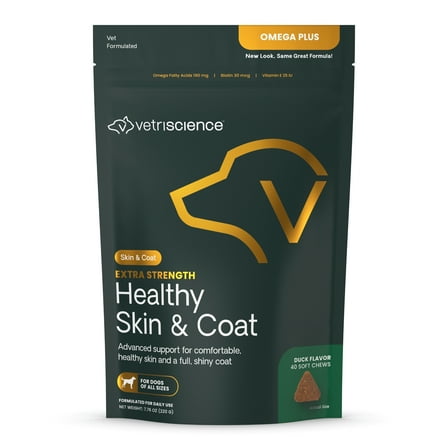 VetriScience Extra Strength Healthy Skin and Coat Chews for Dogs, Duck Flavor, 40 Count Bag