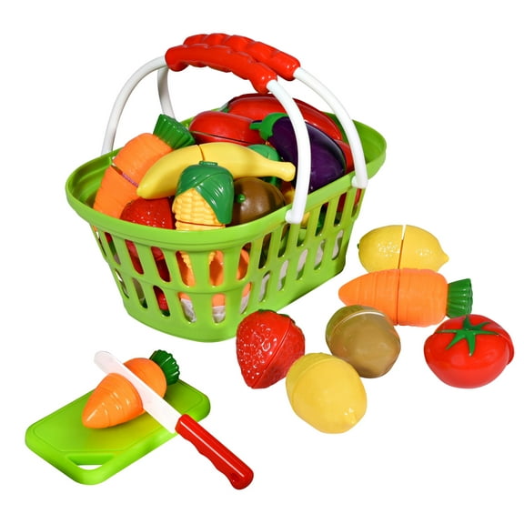 Playkidz: Fruit and Vegetables Basket Pretend Play Kitchen Food Educational Playset with Toy Knife, Cutting Board (32 Pieces of Food Toys)