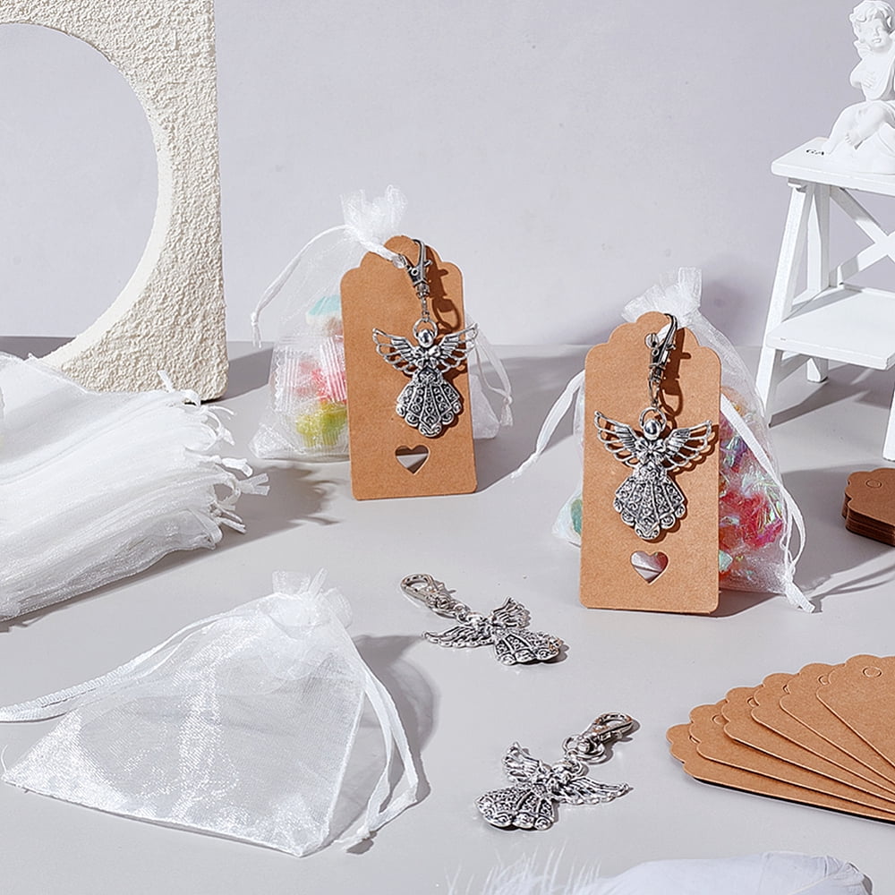24 Sets Angel Keychains Favor Angel Fairy Tibetan Style Alloy Pendant Keychains with Thank You Tags Drawstring Organza Gift Bags Birthday