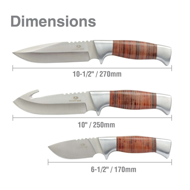 Mossy Oak 3-Pack Hunting Knives, Leather Wrapped with Sheath, 5 Stainless  Steel Blade Length 
