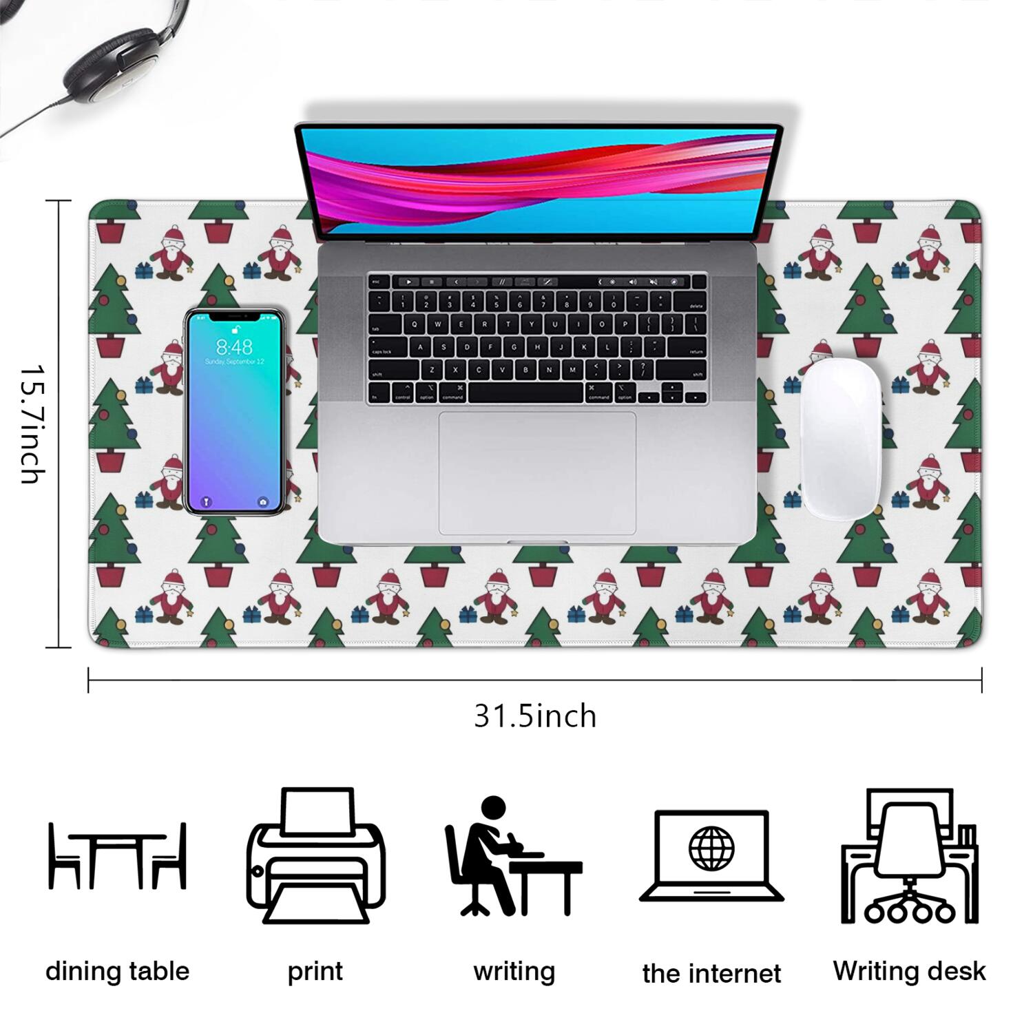 Long Mouse Pads for Desk,White Christmas Santa and Tree Pattern Desk Mats on Top Of Desks, Desk Mouse Pad Extra Large with 3mm Non-Slip Base and Stitched Edge for Gaming,Office,Work,Home 31.5x15.7in