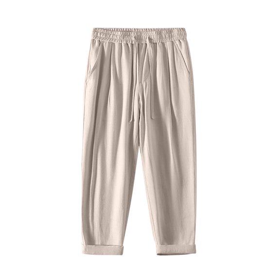 LMOIPLI Cotton Linen Pants for Men Summer Lightweight Drawstring Elastic Waist Pant Fashion Vintage Trousers Khaki L