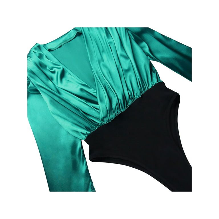 Women's Surplice Green Satin Bodysuit - Quarter Sleeve Satin Bodysuit –  Moda Xpress