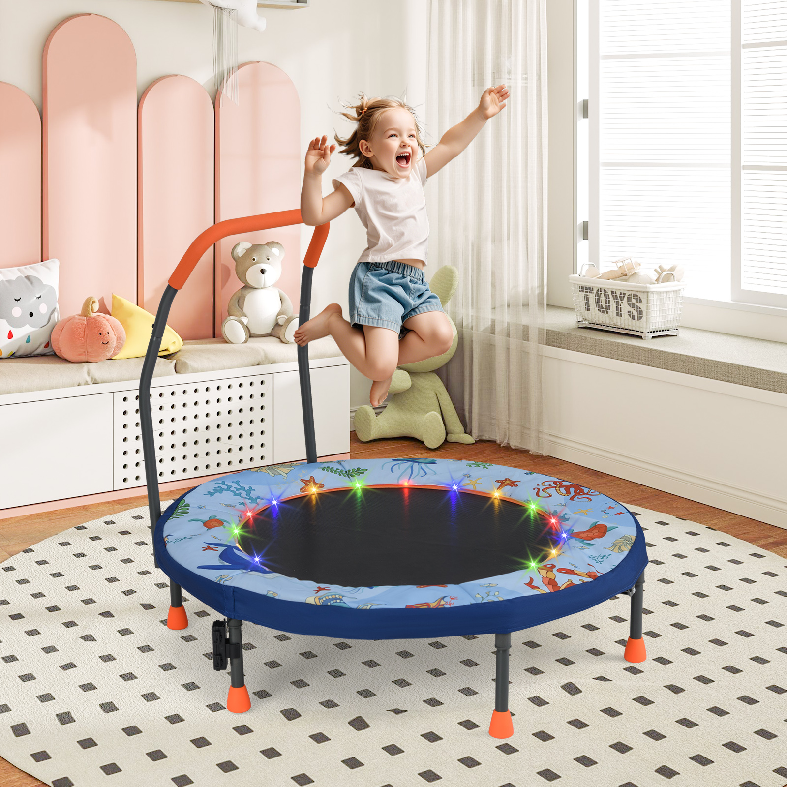Gymax 36'' Foldable Kid Trampoline w/ 20 LED Lights Foam Handlebar Padded Safety Cover Blue