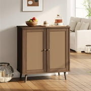 EROMMY Kitchen Cabinet, Sideboard Buffet Cabinet with Storage, with Rattan Decorated Doors and Solid Wood Feet, Walnut