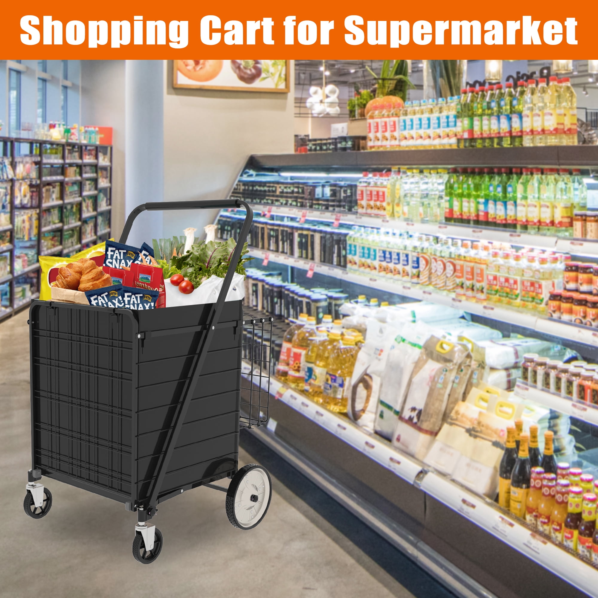 Shopping Cart,Grocery Cart on Wheels, Foldable Utility Shopping Carts with Double Basket and 360° Rolling Swivel Wheels for Groceries Laundry