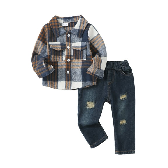 3T Boys Clothes Winter Toddler Outfits Size 4T Fall Little Boy Clothes 3 Year Old Fall Flannel Plaid T-Shirt Denim Pants Sets Baby Jeans Clothing 3T Boy Outfits 4T