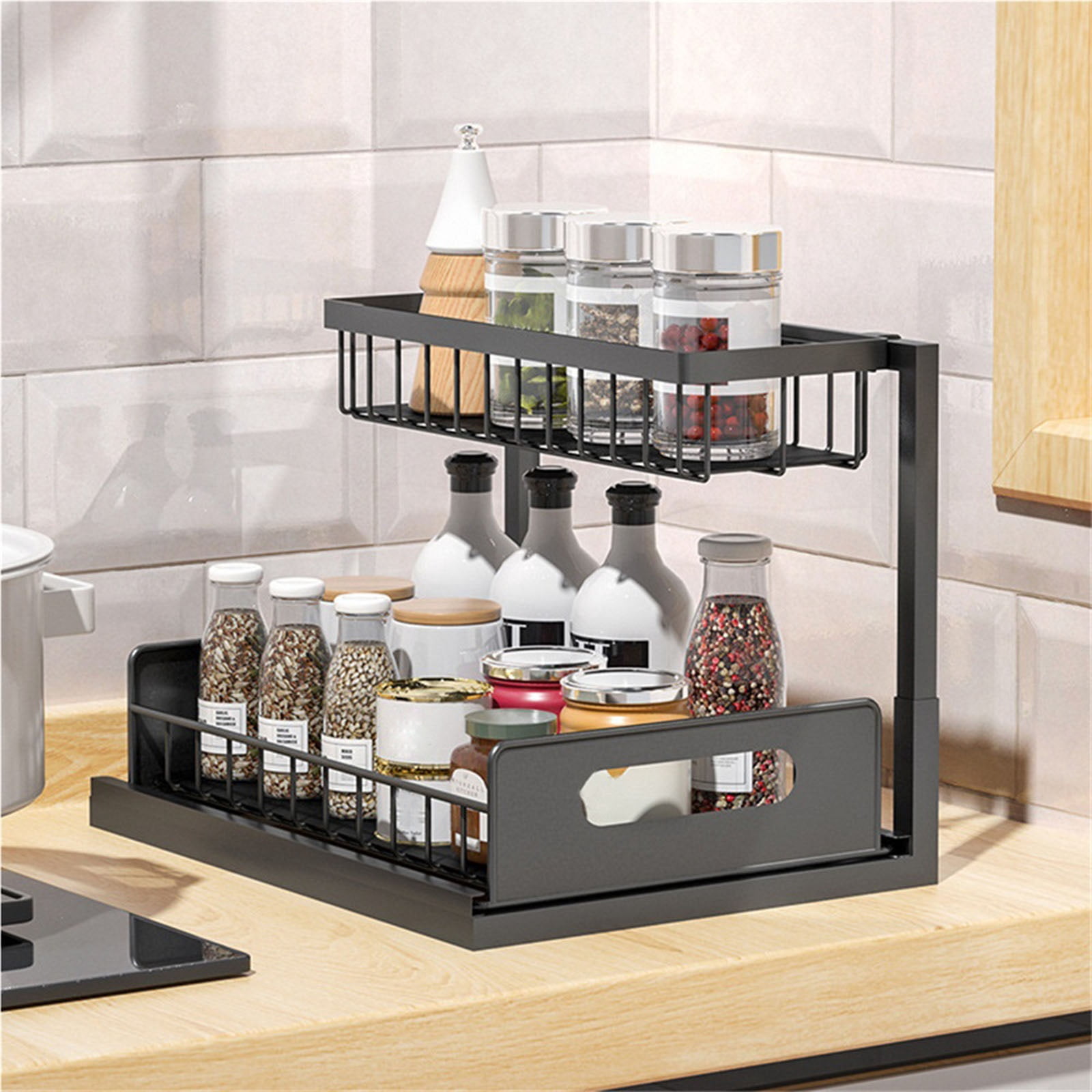 2-Tier Under Sink Organizer with Slide-Out Drawers, Easy to Disassemble Iron Frame
