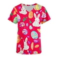 thumbnail image 3 of Jinhomg Holiday Scrubs for Women Cute Bunny Rabbit Graphic Medical Scrub Top Casual Loose Short Sleeve V-Neck Nursing Uniform with Pockets 90% off Clearance Sale Red XXL, 3 of 4