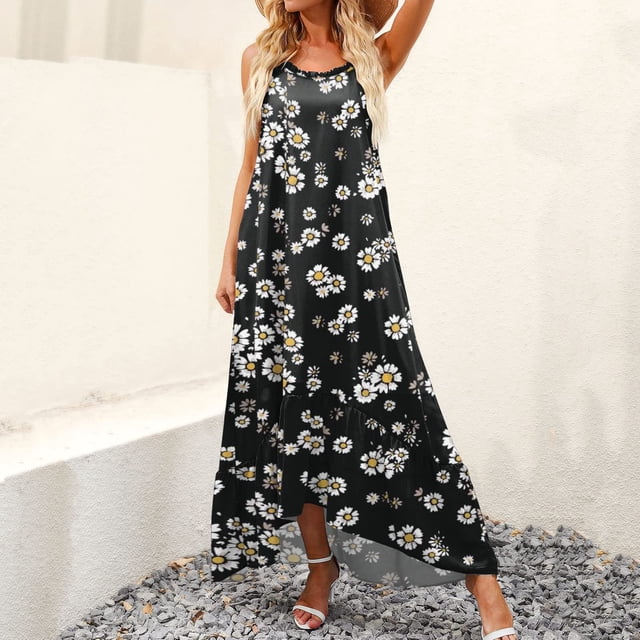 Lenago Robes Grande Taille pour Femmes Mode Robes Col Rond Été Imprimé Décontracté Sans Manches Vacances Plage Longue Robe Été Plage Robes en Liquidation