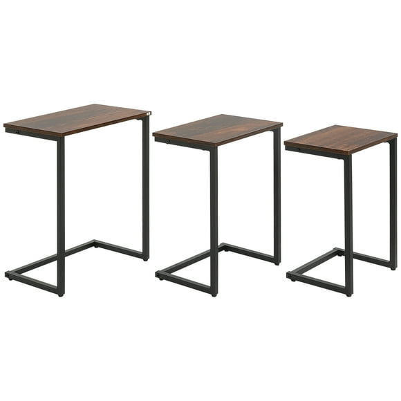 HOMCOM Nesting End Tables Set of 3, Industrial C-Shaped Snack Side Table with Steel Frame for Sofa Couch, Bed, Living Room, Rustic Brown