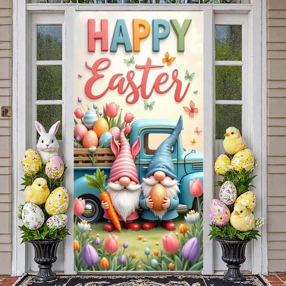 Colorful Easter Eggs Easter Banner Pink Tulips Happy Easter Backdrop Butterflies Gnome Characters Easter Display for Easter Party Spring Celebration Family Gathering