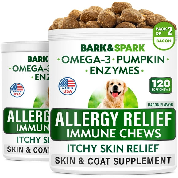 BARK&SPARK Allergy Relief Dog Treats - Omega 3 + Pumpkin + Enzymes - Itchy Skin Relief - Seasonal Allergies - Anti-Itch & Hot Spots - Immune Supplement - Made