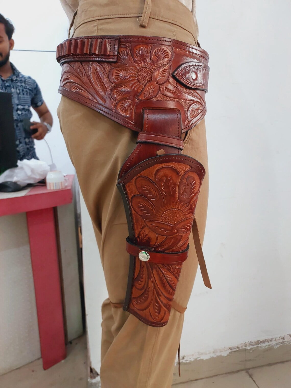 Western Gun Holster with Belt Handmade Genuine Leather Floral Tooled Cowboy Holster Rig
