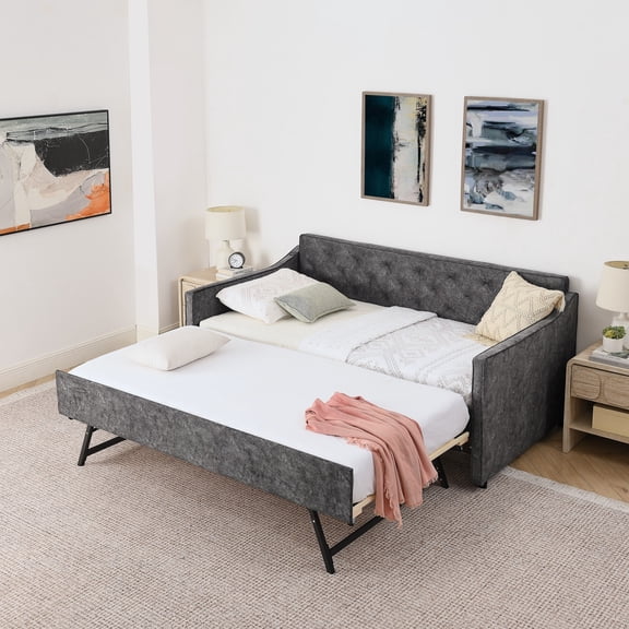 Eyisean Twin Size Upholstery Daybed with Pop Up Trundle, Modern Tufted Linen Sofa Bed Frame with USB Ports, Twin to King Size Day Bed for Living Room, Bedroom, Guest Room, No Box Spring Required