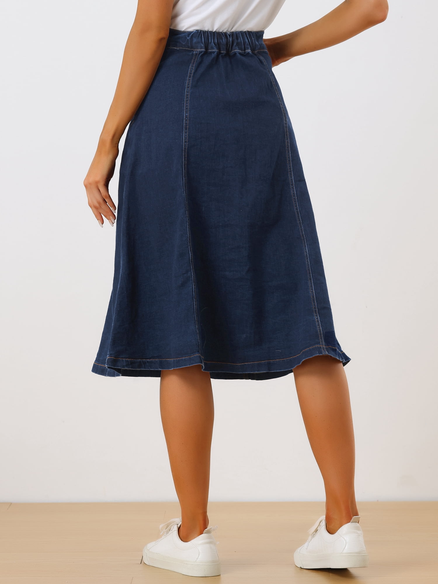 DARING DIVA Women's Buttons Front A-Line Flowy Midi Skirts with Pocket XL Dark Blue