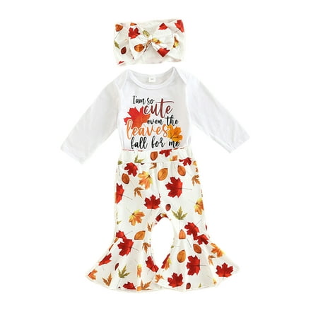 

Capreze Ruffled 3Pcs Outfit Suit Leaves Printed Romper Top + Flared Pants+Headband Sets for Newborn Buttons Crew Neck Spring Autumn Outfits Holiday Bow Maple 90cm