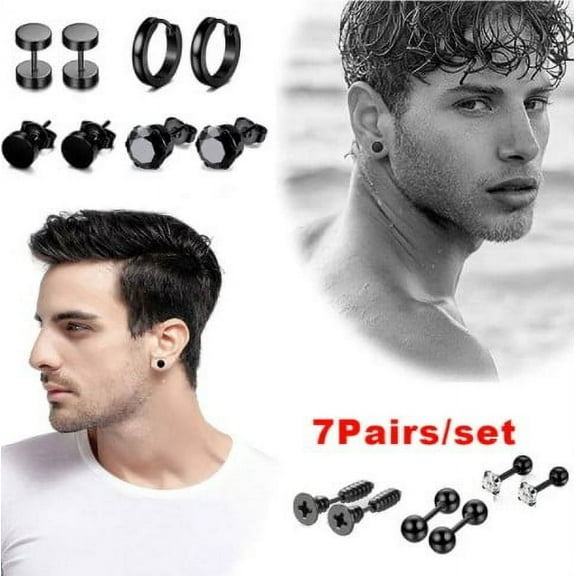 VONTER 7 Pairs/set Stainless Steel Stud Earrings for Men Hoop Earrings Piercing Black Dumbbell Stud Earring Set