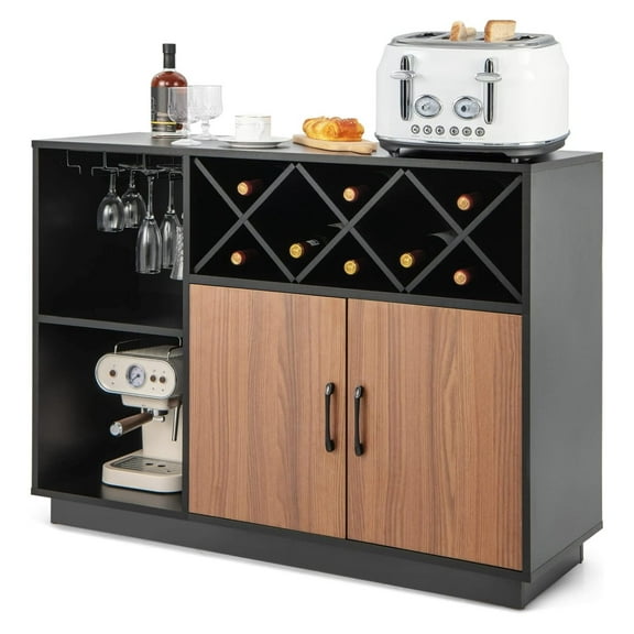 Buffet Cabinet with Storage, Wine Bar Cabinet, Modern Kitchen Sideboard with Wine Rack & Glass Holder, Rustic Credenza, 45.5 x 15.5 x 32 Inches Black & Brown