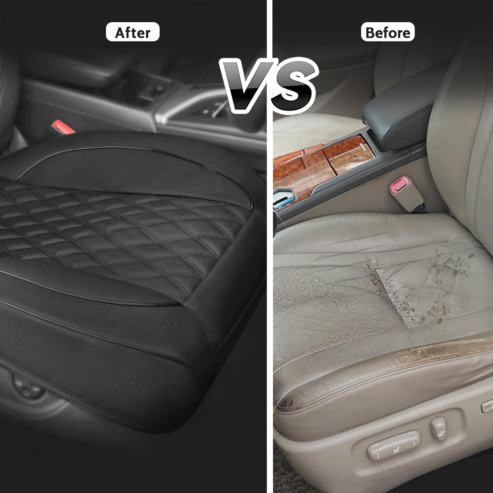 Autoking Cover Leather Front Car Seat Cover, Anti-Slip and Full Wrap Driver Car Seat Protectors with Storage Pocket, Luxury Bottom Auto Seat Cushion (Black)