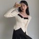 thumbnail image 3 of Suéter de punto vintage MEXZT para mujer, jerséis cortos con cuello cuadrado, prendas de punto elegantes y ajustadas de estilo coreano, jerséis sencillos con retazos, 3 of 5