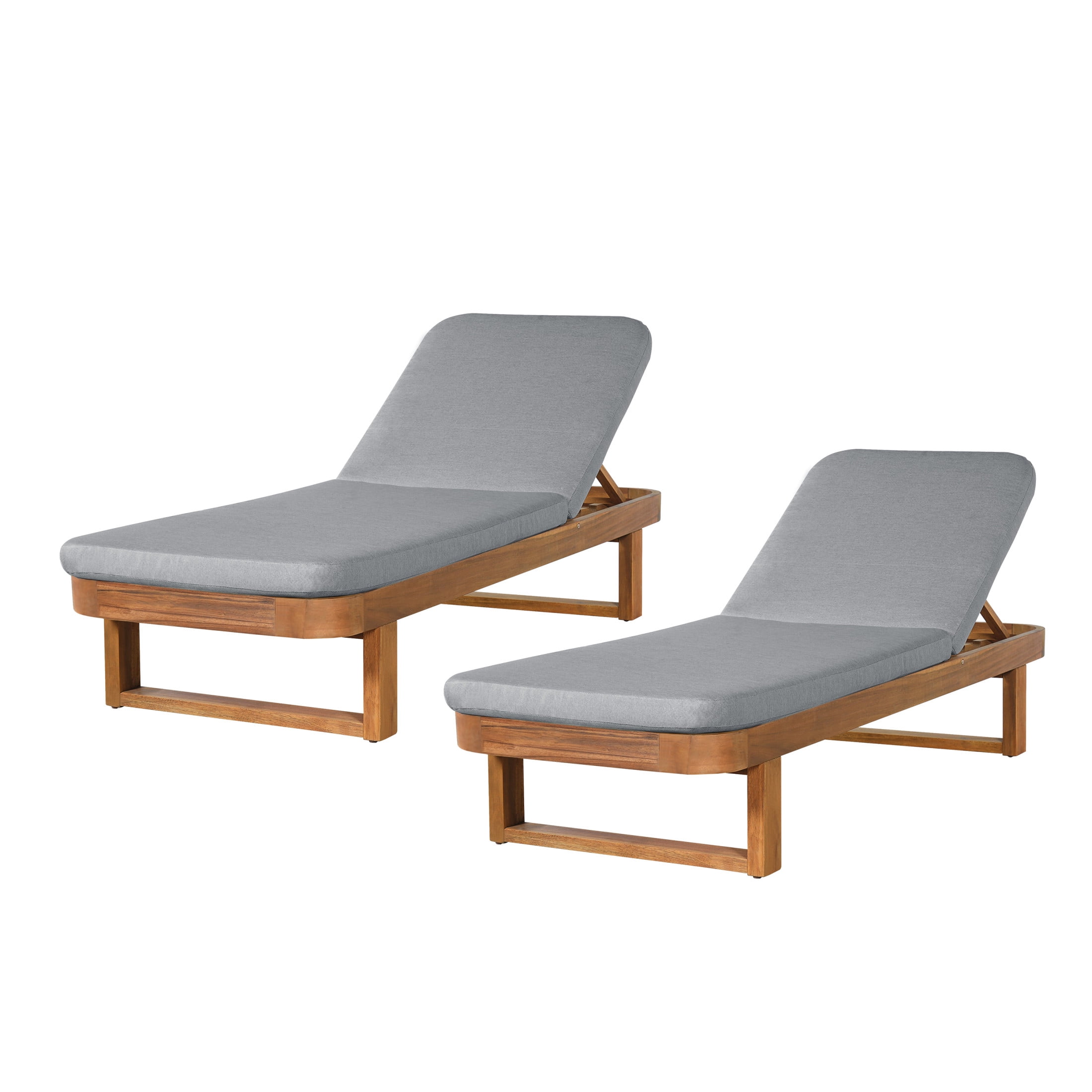 Christopher Knight Home 77" Coastal Outdoor Acacia Wood Adjustable Chaise Lounge, Light Gray Cushion, Set of 2