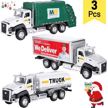 Ludolm 3 Pack Diecast Transport Vehicles Truck Toys Set Garbage Truck Tanker Delivery Truck 1:50 Scale Pull Back Metal Model Car Toys for Boys