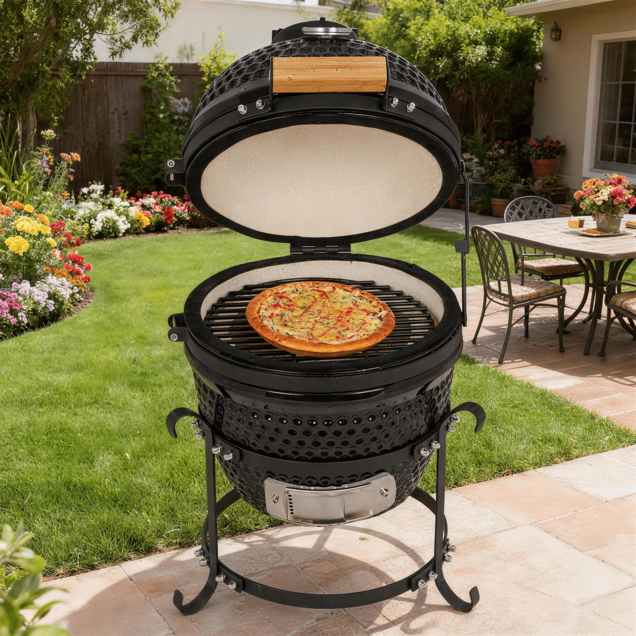 LODZPK 13in Round Ceramic Charcoal Grill Black, 50-800°F Heat Retention for Grilling Smoking