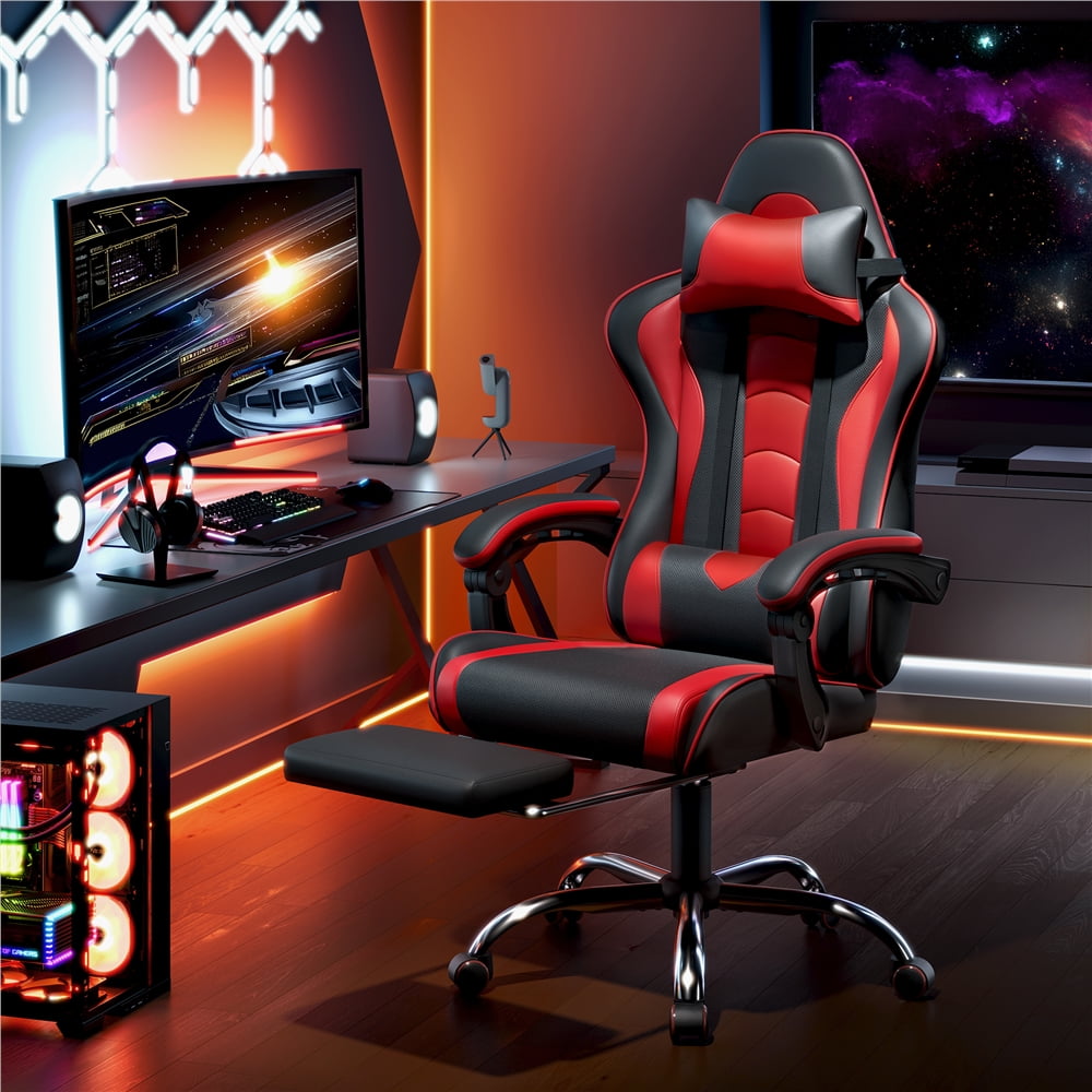Fullfurnique Chaise Gaming Ergonomique à Dossier Haut avec Repose-pieds Coulissant, Noir/Rouge