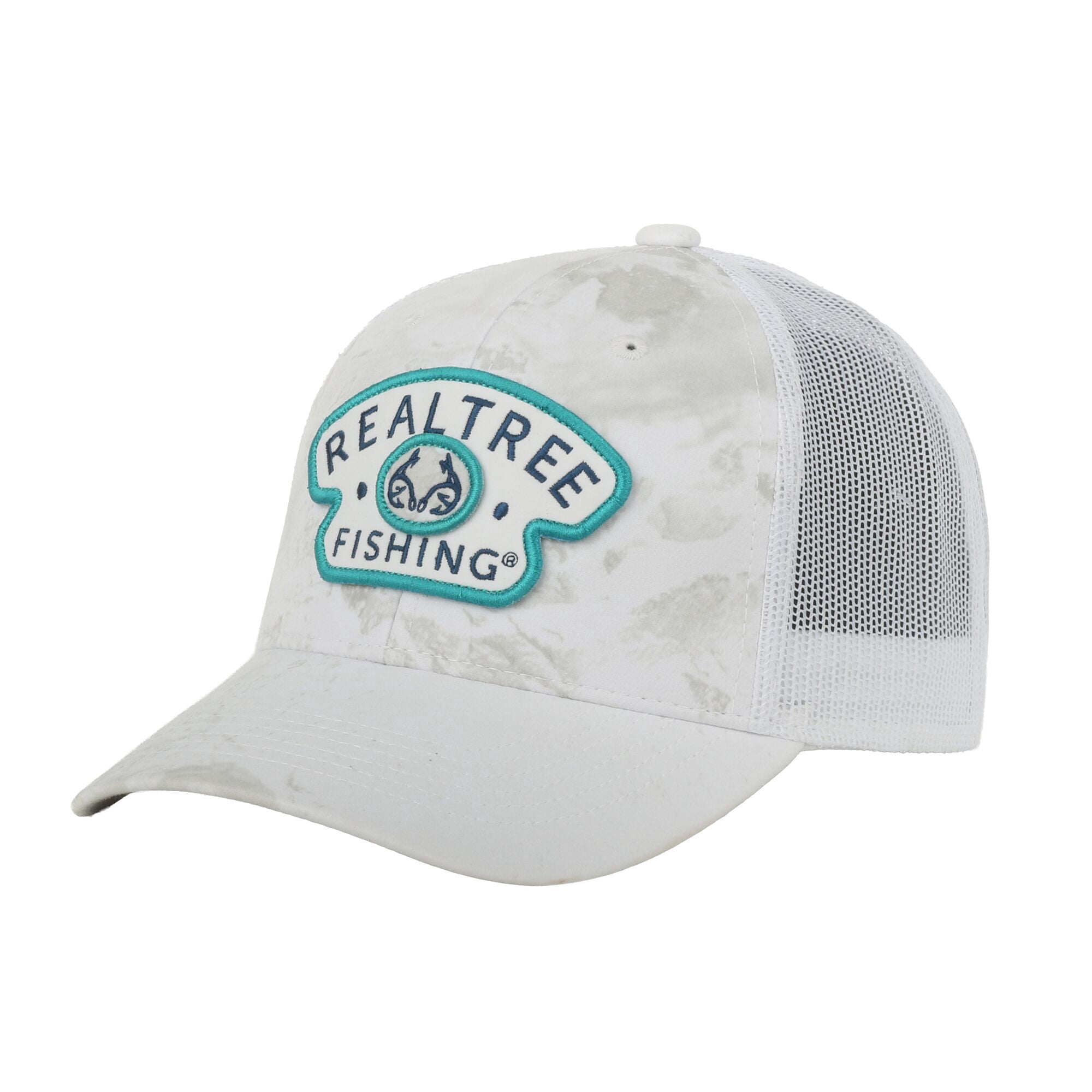 Realtree® Fishing WAV3 White Camo Patch Hat – Mid Profile Mesh Back Snapback, One Size