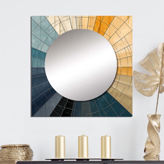 Designart "Harmonious Mid-Century Abstract Geometric Patterns II" Modern Midcentury Square Mirror For Wall Decor - Large Blue Square Printed Wall Mirror Art - Wall Mounted Mirror