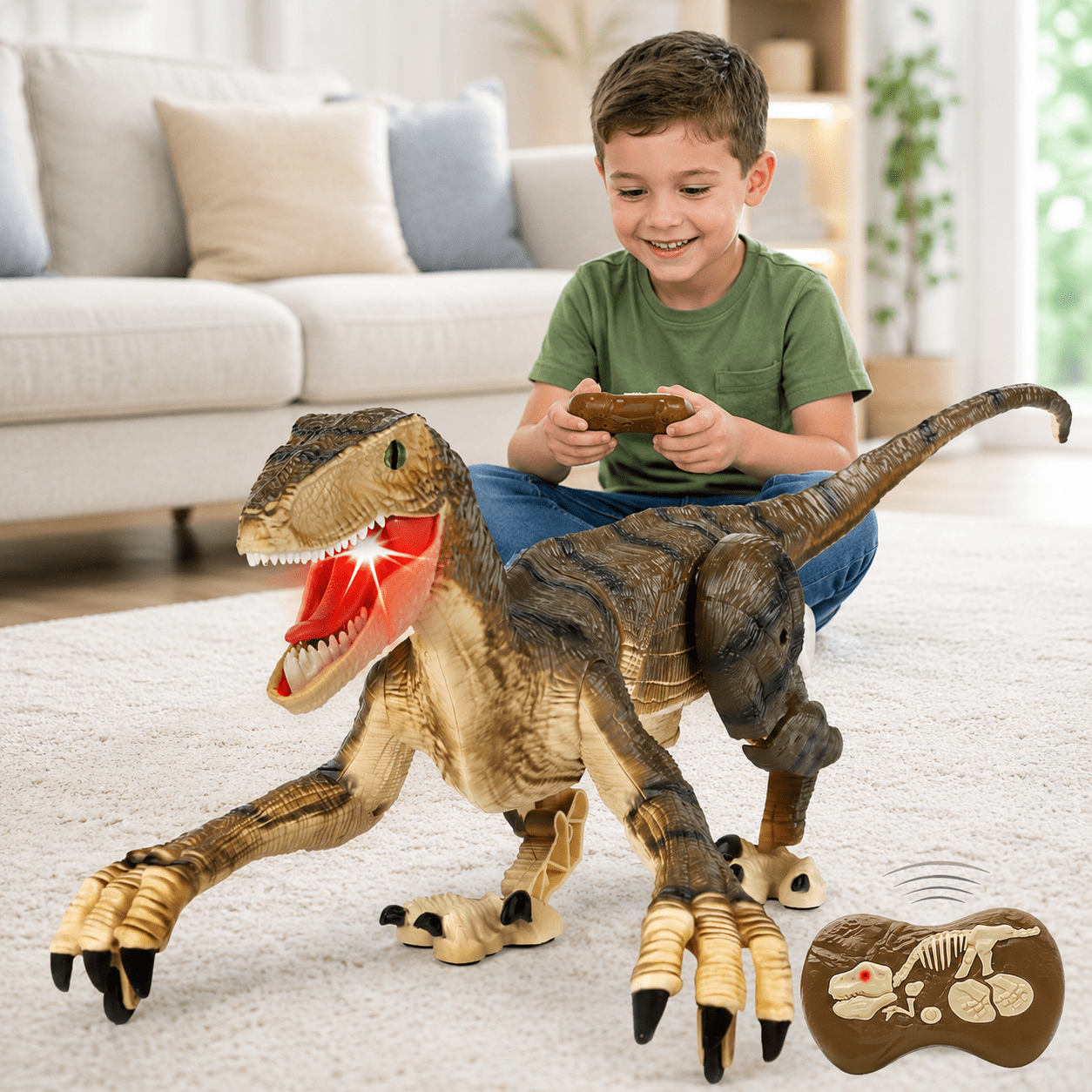 JBeeCtrl Remote Control Dinosaur Toys for Kids Boys Girls Walking Robot RC T-Rex with Lights and Sounds Dinosaur Toy Gifts for Boys Age 3-5, 5-7, 8-12 Years Old - Brown