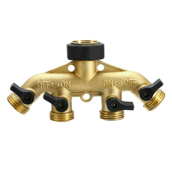 4 Way Garden Hose Splitter 3/4in Hose Connector Copper Water Diverter with 4 Valves for