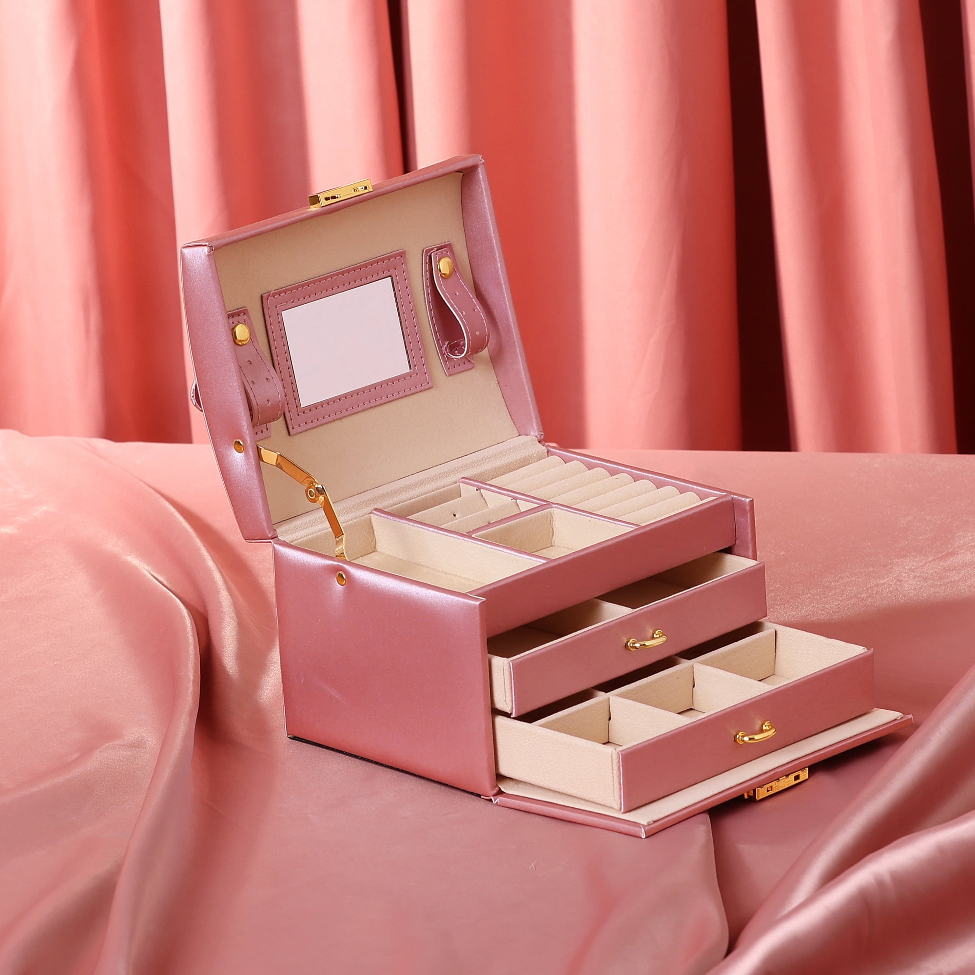 Unique Bargains 3 Layer Jewelry Box with Mirror for Women PU