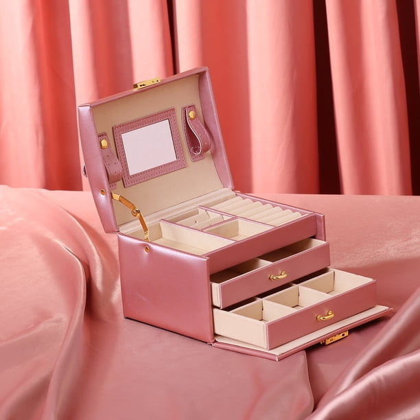 Unique Bargains 3 Layer Jewelry Box with Mirror for Women PU