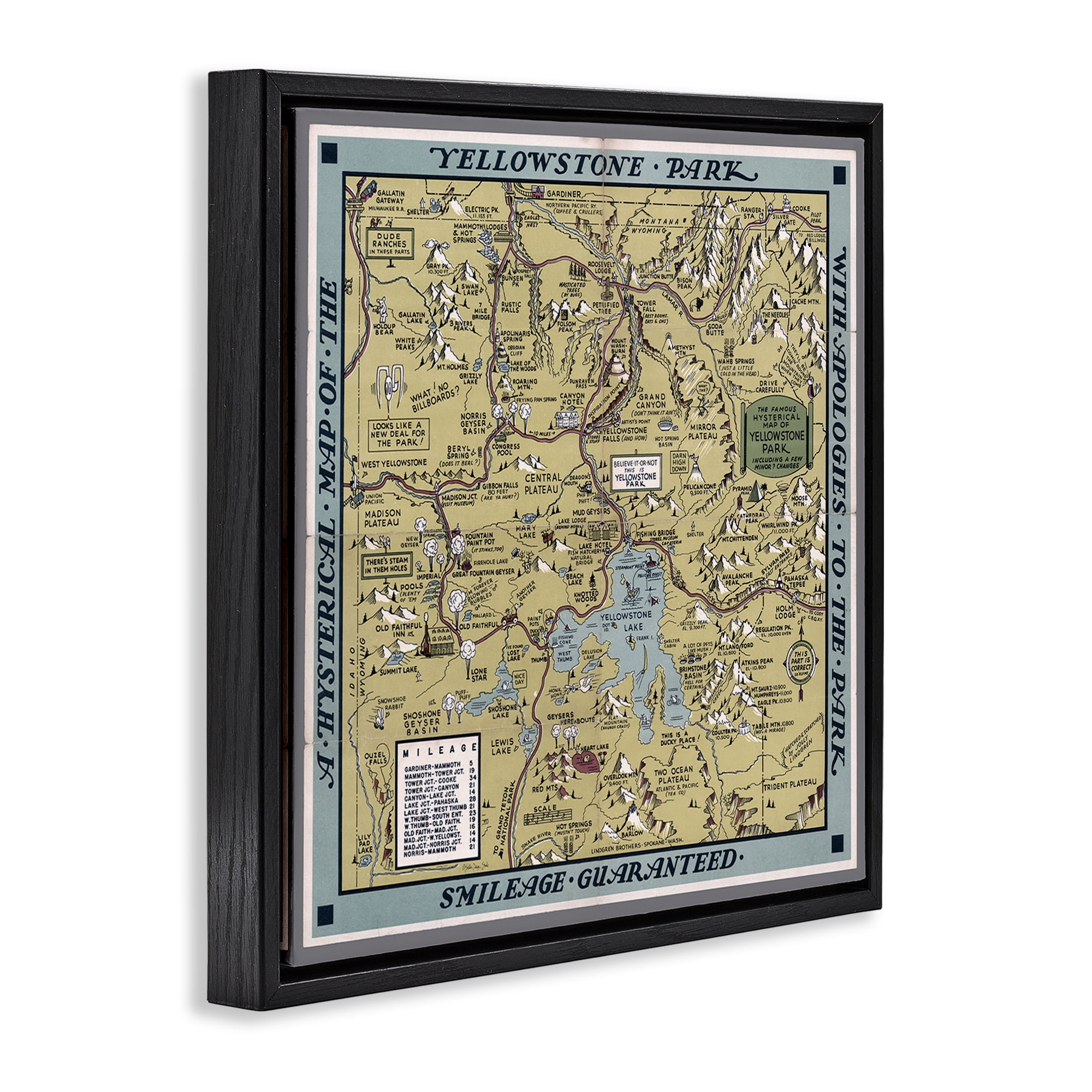Stupell Industries Vintage Yellowstone Map History & Language Painting Black Floater Framed Canvas Art Print Wall Art, 18 x 18