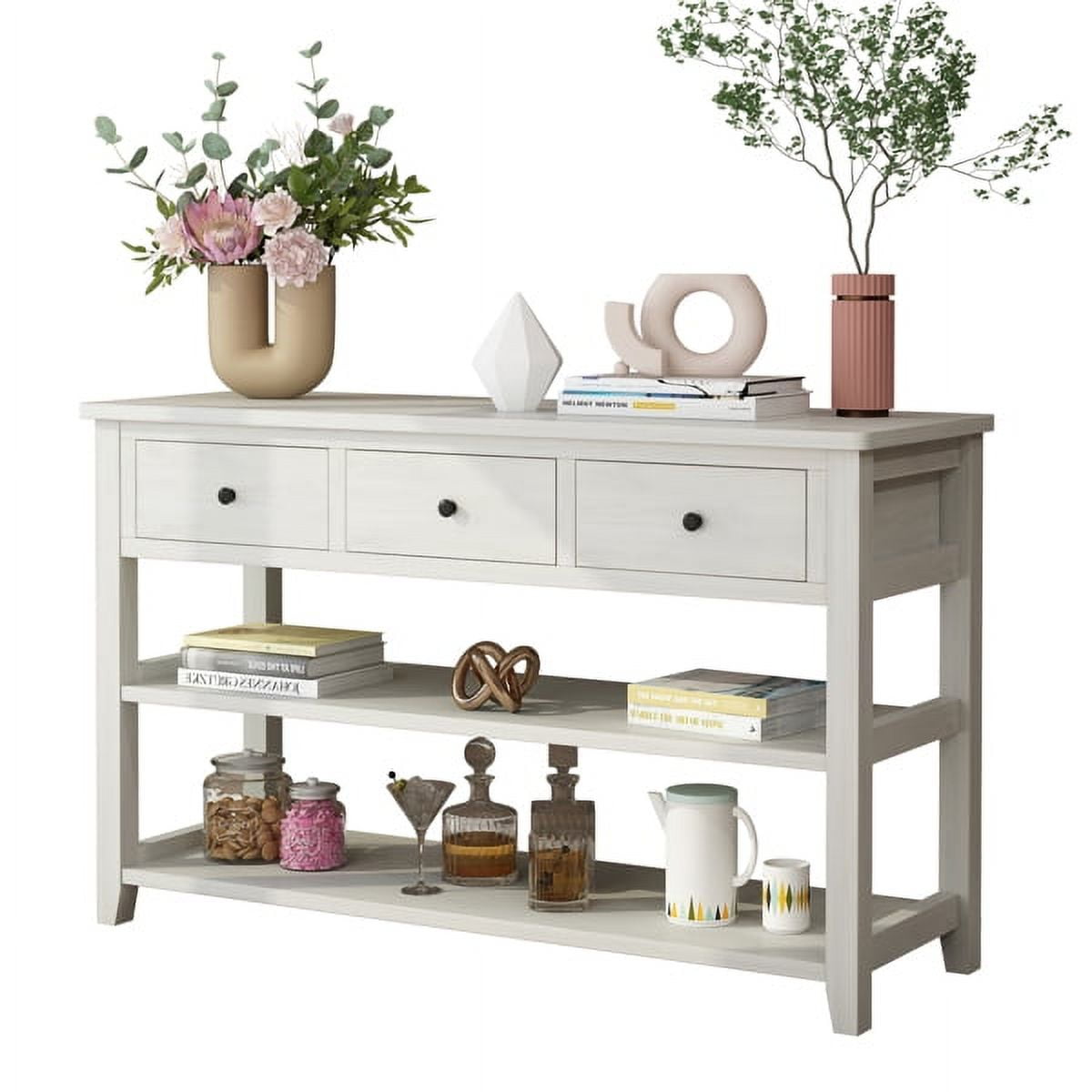 47.2" Vintage Console Table - Antique White MDF, 4 Drawers & Open Shelf, 200lb Capacity, American Country Style for Entryway, Living Room, Bedroom