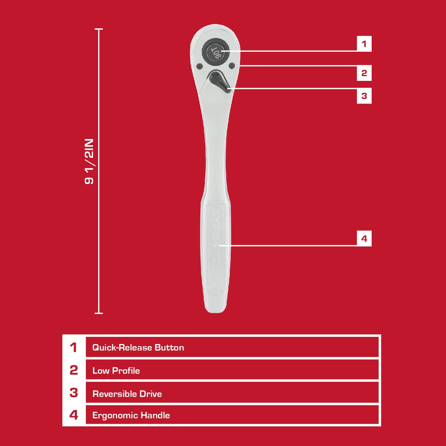 Hyper Tough 1/2-inch Drive Pear Head Ratchet, 90 Tooth