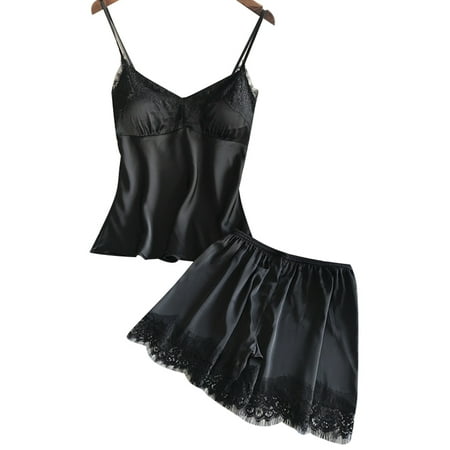 

Hermissia 2pcs/Set Women Babydoll Satin Silk Lace Sleepwear Lingerie Nightdress Pajamas