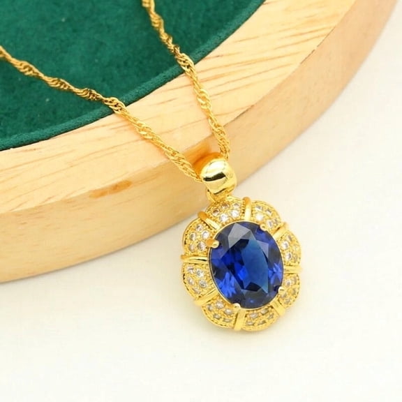 3ct Oval Cut Lab Created Blue Sapphire Hale Pendant 14k Yellow Gold Plated