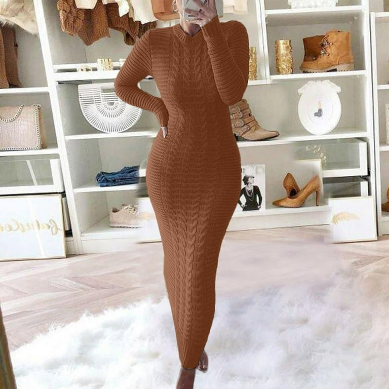 TKing Fashion Slim Fit Knit Sweater Dresses for Women Elegant Long Sleeve  Ribbed Bodycon Dress Fall Round Neck Party Long Fall Winter Dress Long Club 