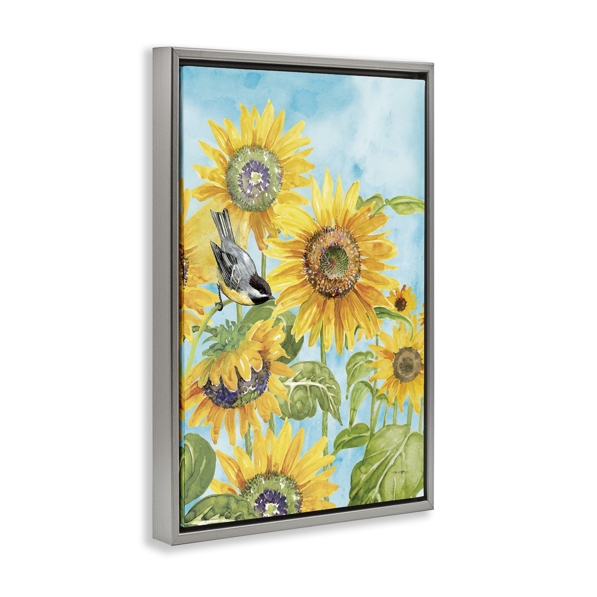 Stupell Industries Sunflower Honey Bird Gray Framed Floater Canvas Wall Art, design by Tim Coffey