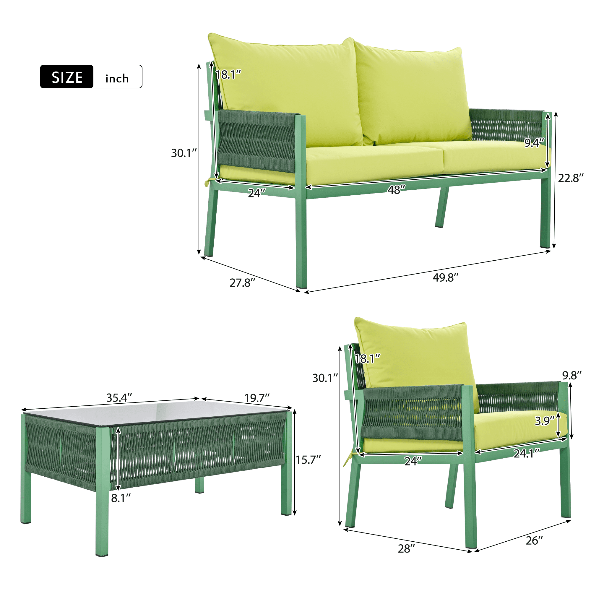 Aimee Lii 4-Pieces Patio Furniture Set, Patio Conversation Set with Tempered Glass Table and Thick Cushion, Outdoor Furniture for Backyard Porch Balcony (Fluorescent Yellow & Green) Aimee Lii 4-Pieces Patio Furniture Set, Patio Conversation Set with Tempered Glass Table and Thick Cushion, Outdoor Furniture for Backyard Porch Balcony (Fluorescent Yellow & Green)