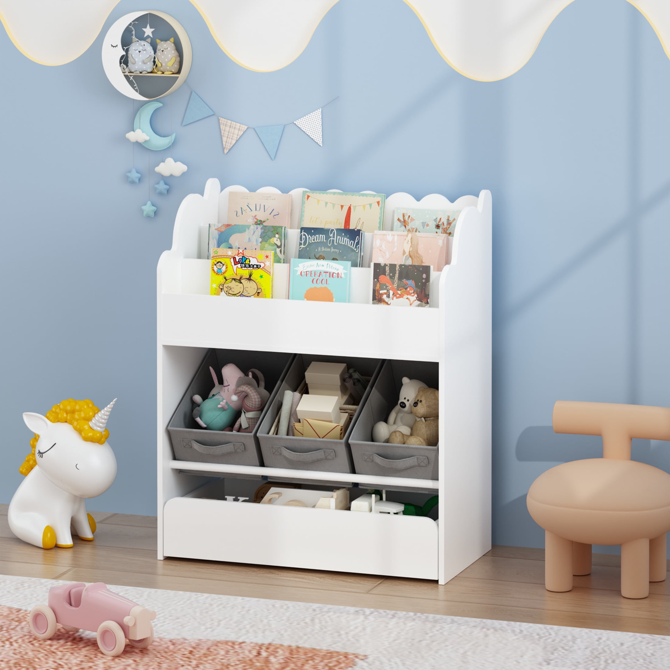 Noble House Kids Bookshelf with Storage Bins and Drawer, Multi-Functional Bookcase for Toys, Books and Nursery, White