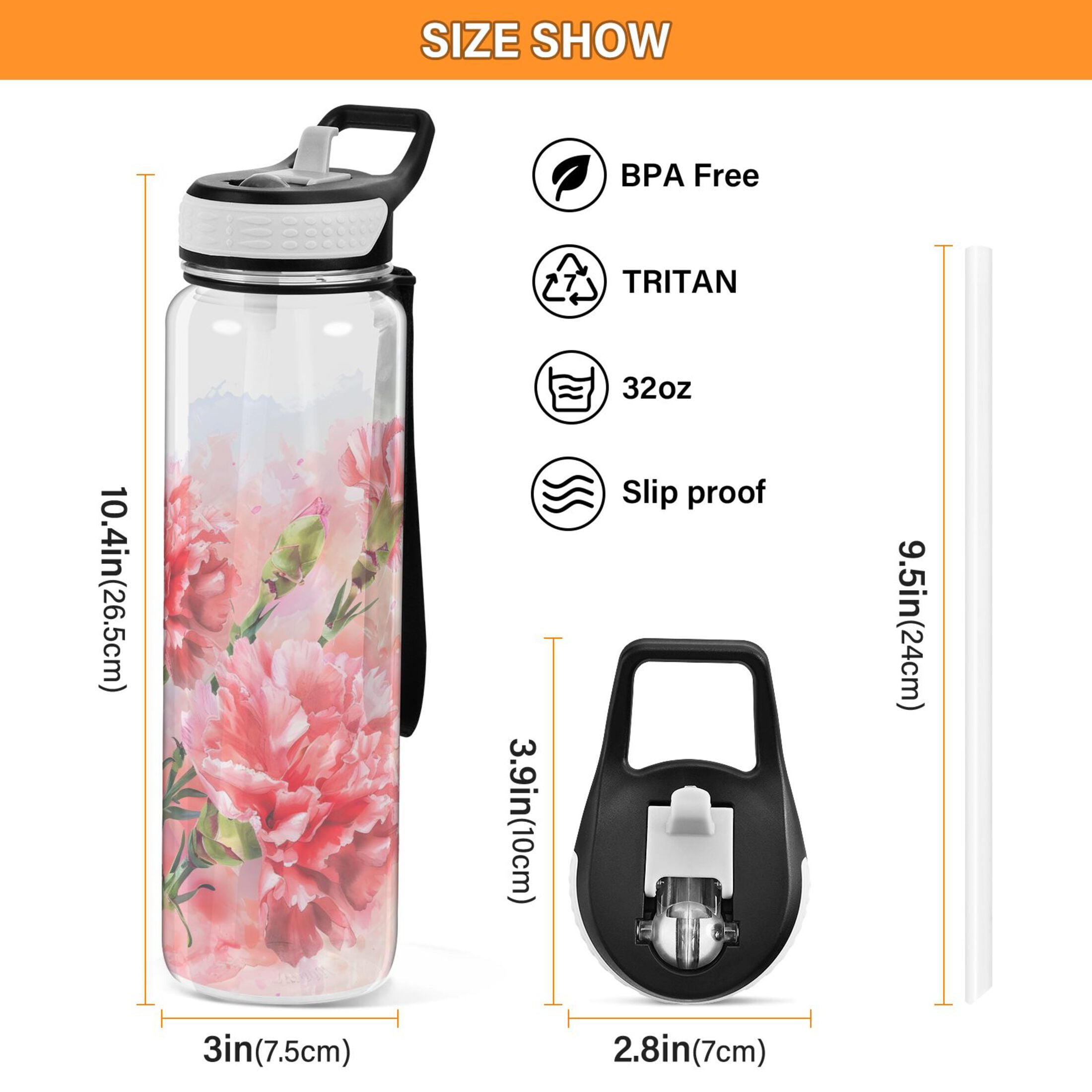 Painting Flowers Carnation Sports Water Bottle Portable Travel Mug 32oz BPA Free Leak Proof Straw Transparent Tritan for Gym Yoga Cycling Camping